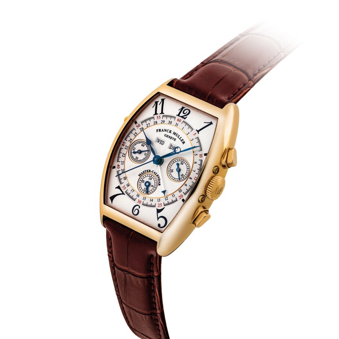 Franck Muller FRANCK MULLER. A FINE 18K PINK GOLD TONNEAU-SHAPED CHRONOGRAPH WRISTWATCH WITH TRIPLE CALENDAR AND 24 HOUR INDICATION SIGNED FRANCK MULLER, GENEVE, MASTER-CALENDAR MODEL, REF. 6850 CC MC, CASE NO. 146, CIRCA 2000, Price & Market Data