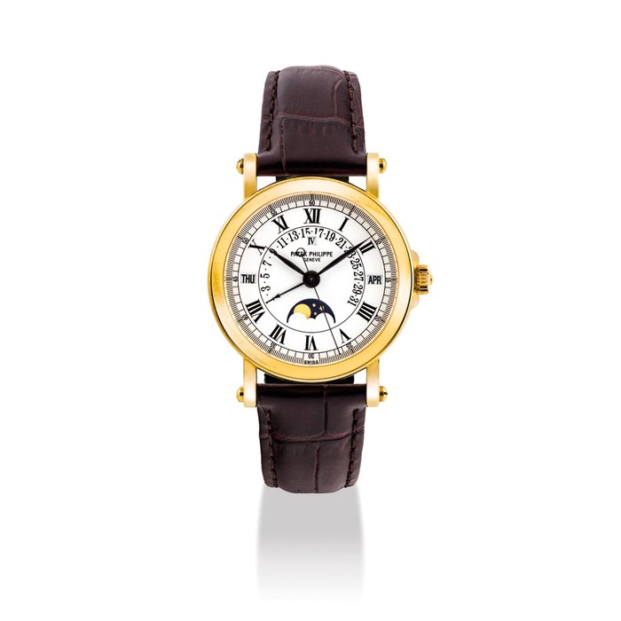 PATEK PHILIPPE. A FINE 18K GOLD AUTOMATIC PERPETUAL CALENDAR WRISTWATCH WITH SWEEP CENTRE SECONDS, RETROGRADE DATE, MOON PHASES AND LEAP YEAR INDICATION SIGNED PATEK PHILIPPE, GENEVE, REF. 5059, MOVEMENT NO. 3'236'807, CASE NO. 4'272'568, MANUFACTURED IN 2005