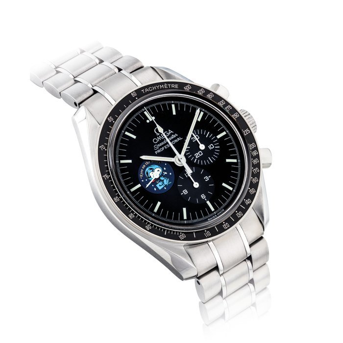 Omega OMEGA. A FINE AND RARE STAINLESS STEEL LIMITED EDITION CHRONOGRAPH WRISTWATCH WITH BRACELET, MADE TO COMMEMORATE THE SILVER SNOOPY AWARD PRESENTED TO OMEGA SIGNED OMEGA, SPEEDMASTER PROFESSIONAL, THE MOON WATCH SNOOPY AWARD LIMITED EDITION MODEL, NO. 2829/5441, REF. 3578.51.00, CASE NO. 77'119'841, CIRCA 2006