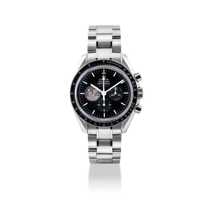 Omega OMEGA. A FINE AND RARE STAINLESS STEEL LIMITED EDITION CHRONOGRAPH WRISTWATCH WITH BRACELET, MADE TO COMMEMORATE THE 40TH ANNIVERSARY OF THE APOLLO 11 MISSION SIGNED OMEGA, SPEEDMASTER PROFESSIONAL, APOLLO 11 40TH ANNIVERSARY MODEL, NO. 7867/7969, REF. 311.30.42.30.01.002, CASE NO. 77'736'144, CIRCA 2013