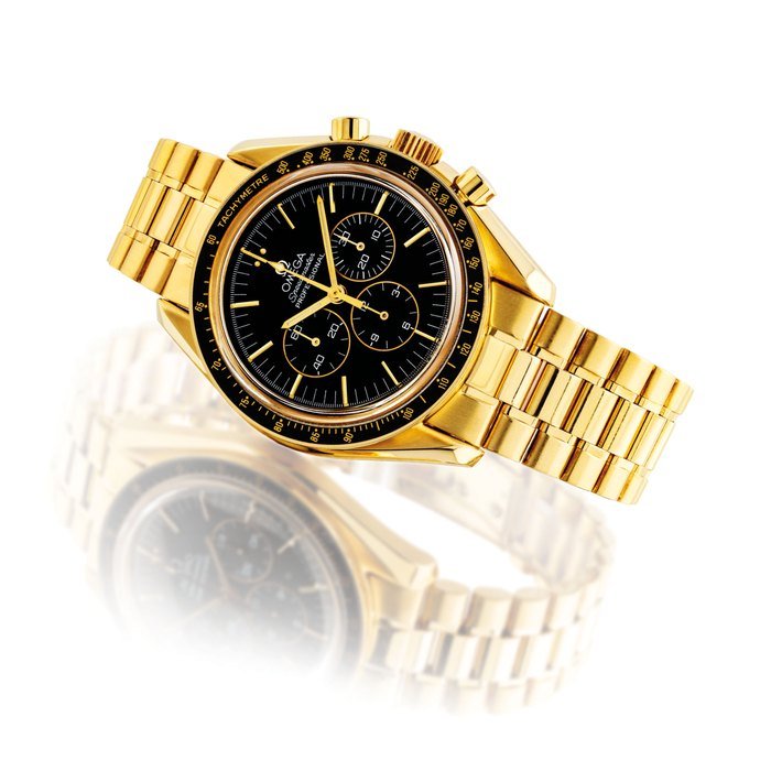 Omega OMEGA. A FINE AND RARE 18K GOLD LIMITED EDITION CHRONOGRAPH WRISTWATCH WITH BRACELET SIGNED OMEGA, SPEEDMASTER PROFESSIONAL MODEL, NO. 799/999, REF. 3191.50, CASE NO. 48'308'059, CIRCA 1994