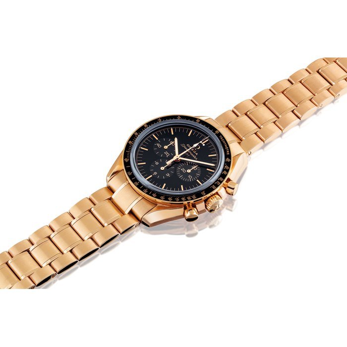 Omega OMEGA. A FINE AND VERY RARE 18K PINK GOLD LIMITED EDITION CHRONOGRAPH WRISTWATCH WITH BLACK ENAMEL DIAL AND BRACELET, MADE TO COMMEMORATE THE 50TH ANNIVERSARY OF THE SPEEDMASTER SINGED OMEGA, SPEEDMASTER 50TH ANNIVERSARY LIMITED SERIES MODEL, NO. 51/57, REF. 311.63.42.50.01.001, CASE NO. 78'328'341, CIRCA 2007