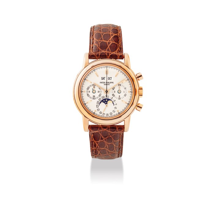 PATEK PHILIPPE. A VERY FINE AND RARE 18K PINK GOLD PERPETUAL CALENDAR CHRONOGRAPH WRISTWATCH WITH MOON PHASES, 24 HOUR AND LEAP YEAR INDICATION SIGNED PATEK PHILIPPE, GENEVE, REF. 3970E, MOVEMENT NO. 3'045'411, CASE NO. 2'968'282, MANUFACTURED IN 1996