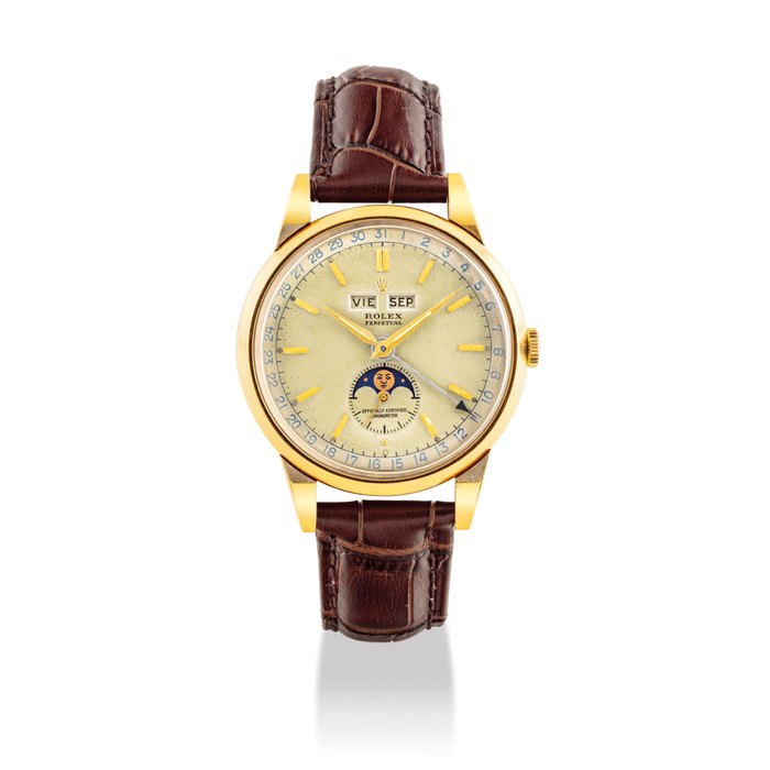 ROLEX. A RARE AND FINE 18K GOLD AUTOMATIC TRIPLE CALENDAR WRISTWATCH WITH MOON PHASES SIGNED ROLEX, PERPETUAL, OFFICIALLY CERTIFIED CHRONOMETER, REF. 8171, MOVEMENT NO. 10'482, CIRCA 1950