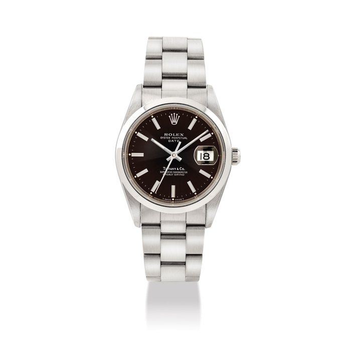 ROLEX. A RARE STAINLESS STEEL AUTOMATIC WRISTWATCH WITH SWEEP CENTRE SECONDS, DATE AND BRACELET SIGNED ROLEX, OYSTER PERPETUAL, RETAILED BY TIFFANY & CO., DATE MODEL, REF. 15200, CASE NO. E281956, CIRCA 1990