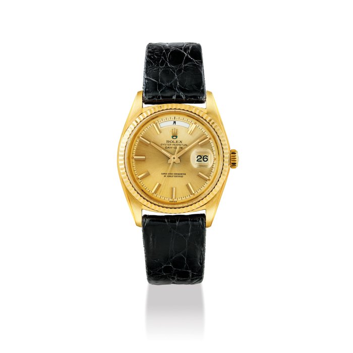 ROLEX. A RARE AND UNUSUAL 18K GOLD AUTOMATIC WRISTWATCH WITH SWEEP CENTRE SECONDS, DAY, DATE AND JAPANESE CALENDAR SIGNED ROLEX, OYSTER PERPETUAL, DAY-DATE MODEL, REF. 1803, CASE NO. 816'422, CIRCA 1962