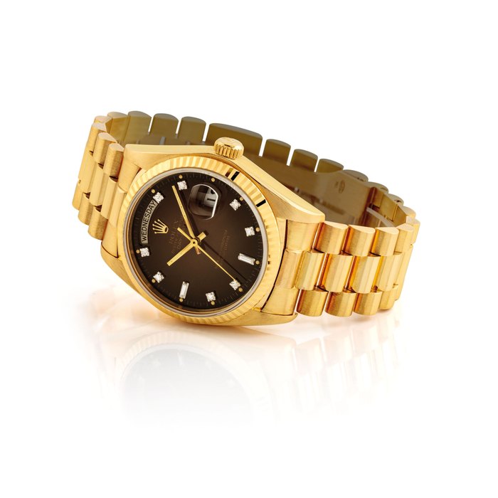 ROLEX. A FINE 18K GOLD AND DIAMOND-SET AUTOMATIC WRISTWATCH WITH SWEEP CENTRE SECONDS, DAY, DATE, BRACELET AND BROWN DEGRADÉ DIAL SIGNED ROLEX, OYSTER PERPETUAL, DAY-DATE MODEL, REF. 18038, CASE NO. 6'654'413, CIRCA 1981