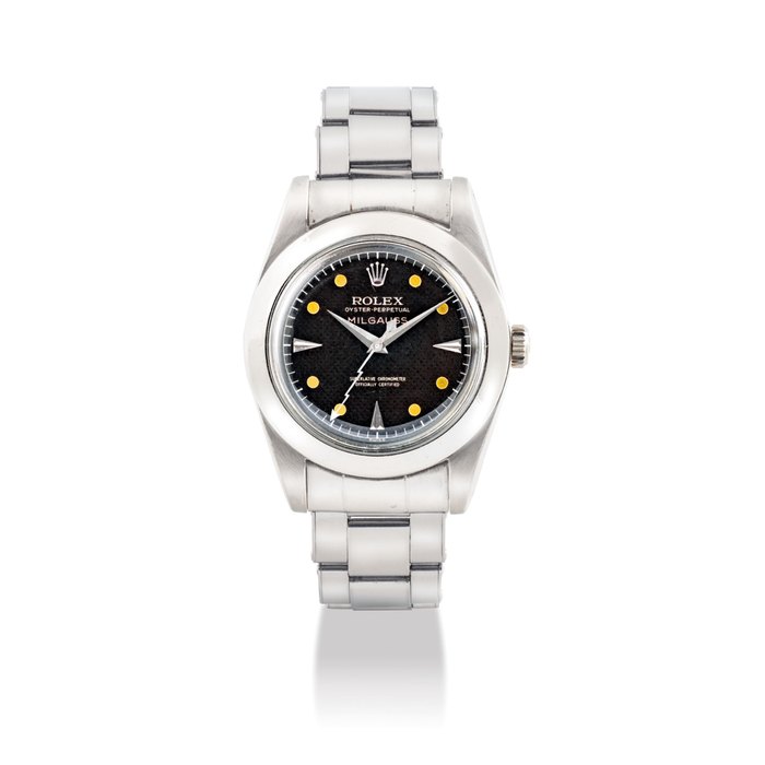 ROLEX. A VERY RARE, FINE AND ATTRACTIVE STAINLESS STEEL AUTOMATIC WRISTWATCH WITH SWEEP CENTRE SECONDS, BRACELET AND BLACK HONEYCOMB DIAL SIGNED ROLEX, OYSTER PERPETUAL, MILGAUSS MODEL, REF. 6541, CIRCA 1958