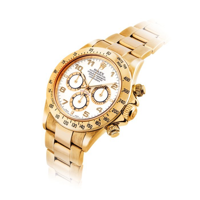 Rolex ROLEX. A FINE 18K GOLD AUTOMATIC CHRONOGRAPH WRISTWATCH WITH BRACELET SIGNED, ROLEX, OYSTER PERPETUAL, COSMOGRAPH DAYTONA MODEL, REF. 16528, CASE NO. N129394, CIRCA 1991 · 16528