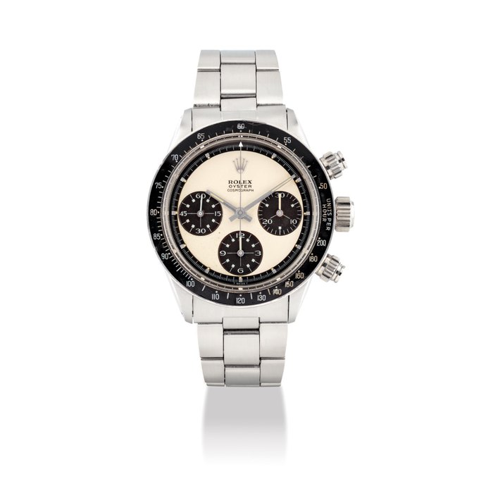 ROLEX. A VERY RARE AND EXTREMELY ATTRACTIVE STAINLESS STEEL CHRONOGRAPH WRISTWATCH WITH BRACELET AND PAUL NEWMAN PANDA DIAL SIGNED ROLEX, OYSTER PERPETUAL, COSMOGRAPH, PAUL NEWMAN PANDA MODEL, REF. 6263, CASE NO. 2'200'306, CIRCA 1969