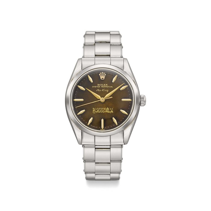 Rolex. A very fine and extremely rare stainless steel automatic wristwatch with sweep centre seconds and Sheikh Abdullah Al-Jaber Al-Sabah gilt signature tropical dial, bracelet, blank guarantee and original box, presented by Sheikh Abdullah Al-Jaber Al-Sabah to Vladimir Mostrov in 1964 Signed Rolex, Oyster Perpetual, Air-King, ref. 5500, case no. 845’815, circa 1962
