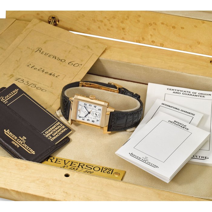 JAEGER-LECOULTRE. A FINE AND RARE 18K PINK GOLD LIMITED SERIES REVERSIBLE WRISTWATCH WITH DATE, POWER RESERVE, ORIGINAL CERTIFICATES AND BOX SIGNED JAEGER-LECOULTRE, REVERSO 1931-1991, LIMITED SERIES 133/500, REF. 270.2.64, MOVEMENT NO. 2’559’065, CIRCA 1991