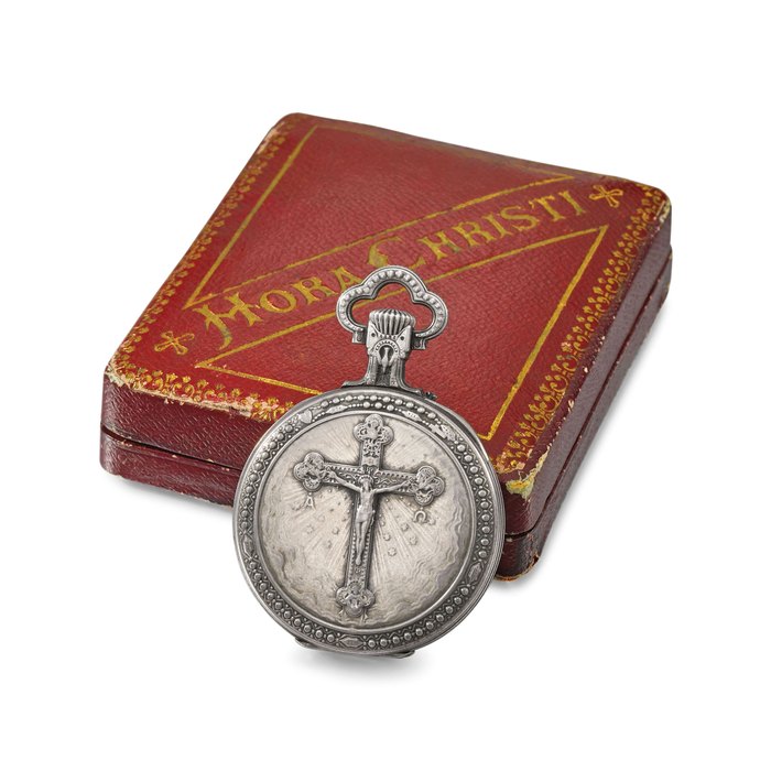 Ratel, the movement by Vacheron Constantin. A fine, rare and very unusual silver openface dual time zone keyless lever watch with special dial indicating Catholic hours of prayer and the stations of the cross, original box and literature Signed Ratel, Horloger Bte. De N. St.Pere Le Pape, movement no. 295449, case no. 177681, made circa 1893