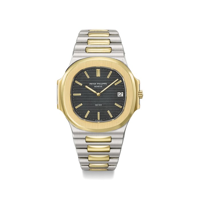 Patek Philippe. A Rare Stainless Steel and Gold Automatic Wristwatch with Date and Bracelet Signed Patek Philippe, Genève, retailed by Beyer, Nautilus model, ref. 3700/11AJ, movement no. 1'310'894, case no. 2'808'806, manufactured in 1983