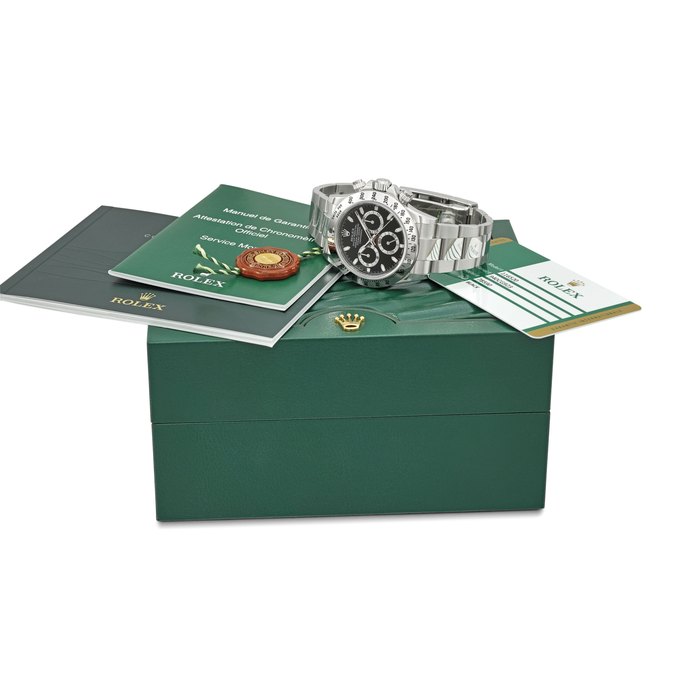 ROLEX. A VERY FINE STAINLESS STEEL AUTOMATIC CHRONOGRAPH WRISTWATCH WITH BRACELET, ORIGINAL GUARANTEE AND BOX SIGNED ROLEX, OYSTER PERPETUAL, COSMOGRAPH, DAYTONA, REF. 116520, CASE NO. 940CG923, CIRCA 2014