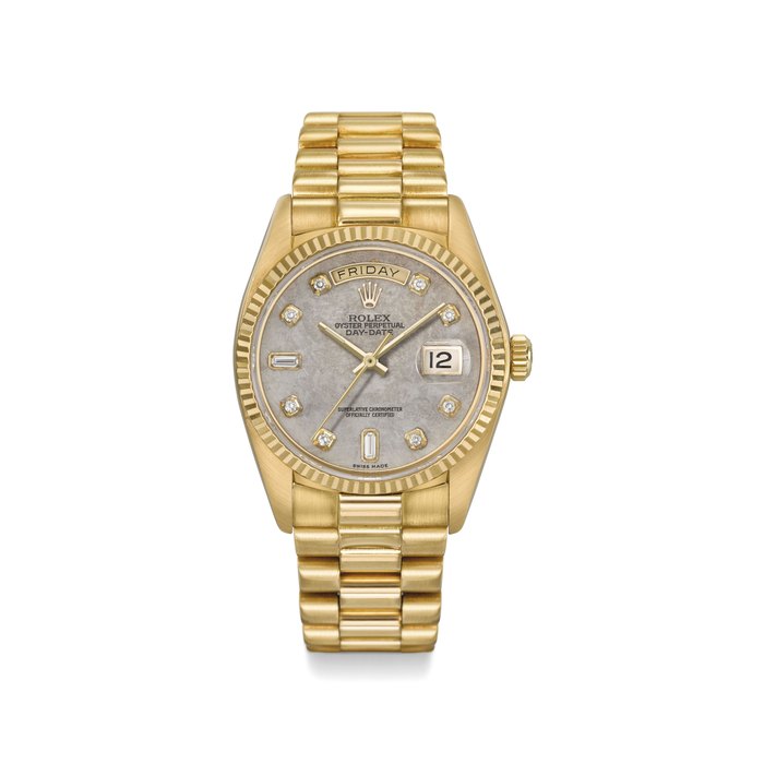 Rolex. A rare and fine 18K gold and diamond-set automatic wristwatch with sweep centre seconds, day, date, bracelet, meteorite dial and box Signed Rolex, Oyster Perpetual, Day-Date, ref. 18038, case no. 6’307’350, circa 1979