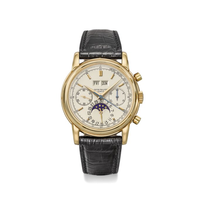 Patek Philippe. An extremely fine and important, possibly unique 18K gold perpetual calendar chronograph wristwatch with moon phases and tachymeter scale Signed Patek Philippe, Genève, ref. 2499/100J T, movement no. 869'419, case no. 2'779'168, manufactured in 1981