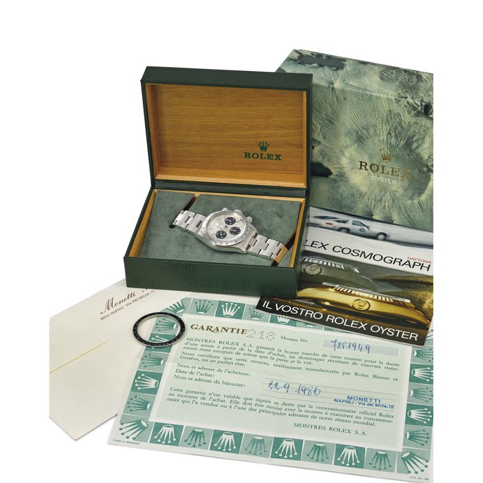 ROLEX. A VERY FINE AND HIGHLY ATTRACTIVE STAINLESS STEEL CHRONOGRAPH WRISTWATCH WITH ADDITIONAL 6263 BEZEL, ORIGINAL GUARANTEE AND BOX SIGNED ROLEX, COSMOGRAPH, DAYTONA, REF. 6265, CASE NO. 9’461’949, CIRCA 1986