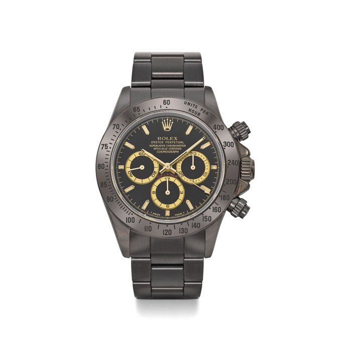 SWISS. AN ATTRACTIVE BLACK PVD-COATED 18K GOLD AND STAINLESS STEEL AUTOMATIC CHRONOGRAPH WRISTWATCH WITH BRACELET SIGNED ROLEX, OYSTER PERPETUAL, COSMOGRAPH, DAYTONA, REF. 16523, CASE NO. X435167, CIRCA 1993