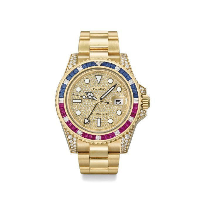 Rolex ROLEX. A VERY FINE, RARE AND IMPRESSIVE 18K GOLD, DIAMOND, RUBY AND SAPPHIRE-SET AUTOMATIC DUAL TIME WRISTWATCH WITH SWEEP CENTRE SECONDS, DATE, BRACELET, ORIGINAL GUARANTEE AND BOX SIGNED ROLEX, GMT-MASTER II, REF. 116758SARU, CASE NO. V446396, CIRCA 2010 · 116758SARU