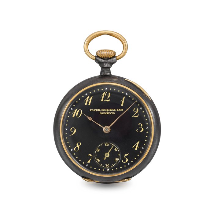 Patek Philippe. A lady's rare and unusual blackened stainless steel keyless pendant watch with black enamel dial and gilt Breguet numerals Signed Patek Philippe & Cie., Genève, movement no. 107'162, case no. 221'381, manufactured in 1896