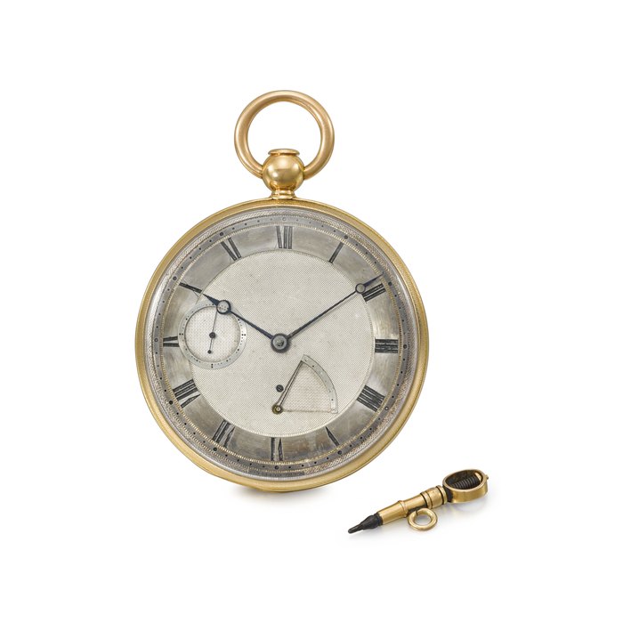Breguet No. 3105 “Répétition or à Minutes”. An extremely fine and important, possibly unique 18K gold openface minute repeating on gong, hours and quarters à toc, jump-hour watch with extensive jewelling, lever escapement and bimetallic balance constructed on the principles of the garde-temps, power reserve and cuvette with equation of time chart Signed Breguet, Horloger de la Marine Royale, No. 3105, sold on 17 August 1819 to Lord Lucan for the sum of 4,800 Francs