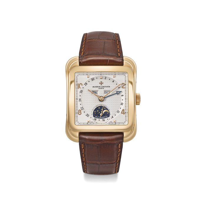 VACHERON CONSTANTIN. A FINE, RARE AND LARGE 18K PINK GOLD LIMITED EDITION CUSHION-SHAPED AUTOMATIC TRIPLE CALENDAR WRISTWATCH WITH TWO-TONE SILVERED DIAL, MOON PHASES, MADE TO COMMEMORATE THE 60TH ANNIVERSARY OF ISRAEL SIGNED VACHERON CONSTANTIN, GENÈVE, REF. 47300/001R-9219, PATRIMONY COLLECTION TOLEDO 1952 MODEL, NO. 13/100, MOVEMENT NO. 5’132’023, CASE NO. 1’138’218, MANUFACTURED IN 2008