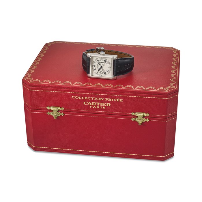 CARTIER. A FINE, RARE AND LARGE 18K WHITE GOLD LIMITED EDITION SQUARE SINGLE BUTTON CHRONOGRAPH WRISTWATCH WITH BOX SIGNED CARTIER, TANK CHRONOGRAPHE MONOPOUSSOIR MODEL, NO. 086/100, REF. W1555851, CASE NO. 3078, CIRCA 2008
