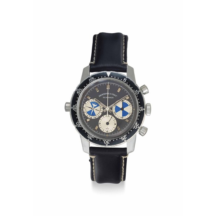 Heuer. A Fine Stainless Steel Chronograph Wristwatch Signed Heuer, Retailed by Abercrombie & Fitch, Seafarer Model, Ref. 2446 SF, Case No. 198'045, Circa 1974