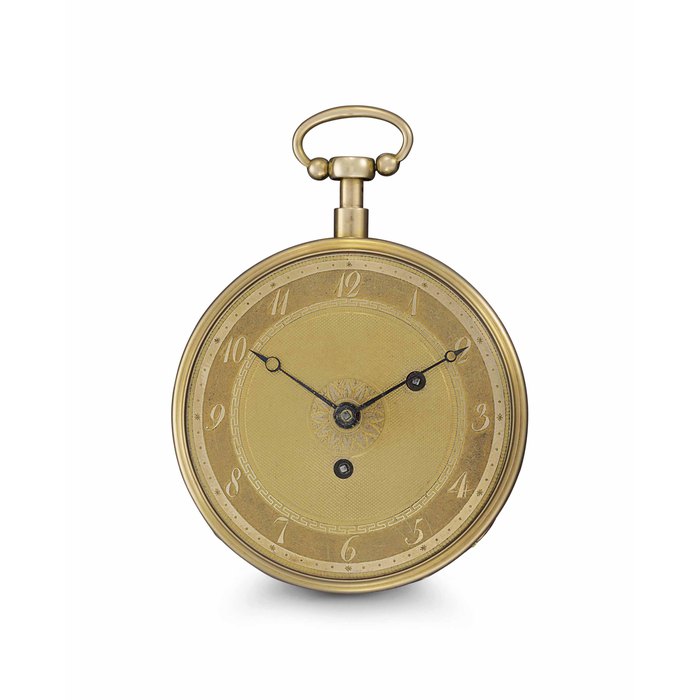 Henry-Daniel Capt. An Exceptionally Rare 18k Gold and Enamel Keywound Openface Two-Train Musical Repeating Pocket Watch with Concealed Erotic D’amour Automaton Signed Henry Capt, Genève, No. 879, Circa 1815