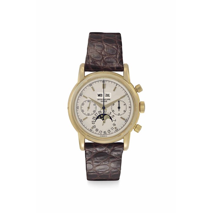 Patek Philippe. A Very Fine and Rare 18k Gold Perpetual Calendar Chronograph Wristwatch with Moon Phases Signed Patek Philippe, Genève, Ref. 2499/100, Movement No. 869'250, Case No. 2'792'106, Manufactured in 1982