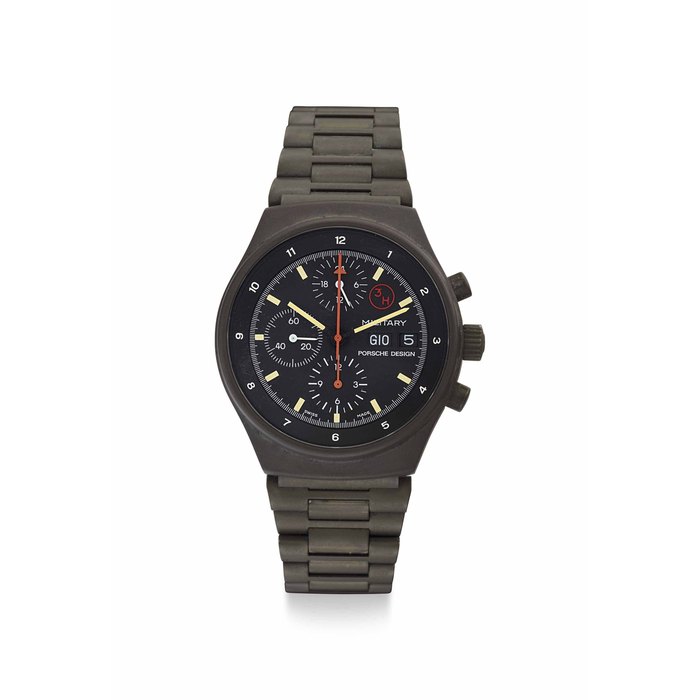 Porsche Design. A Fine Green PVD-Coated Stainless Steel Chronograph Wristwatch with Day, Date and Bracelet Signed Porsche Design, Military, Ref. 7177M, Circa 1985