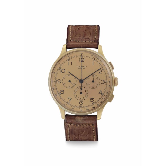 Zenith. A Fine and Large 18k Pink Gold Chronograph Wristwatch with Pink Dial Signed Zenith, Retailed by Tourneau, No. 793635, & 12516, Circa 1940