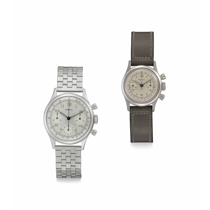 Aerotel. A Group of Two Stainless Steel Antimagnetic Chronograph Wristwatches Signed Aerotel, Montbrilliant Watch MY, The First No. 604'039 & 788, The Second No. 217'547, 573'587 & 753, Circa 1950