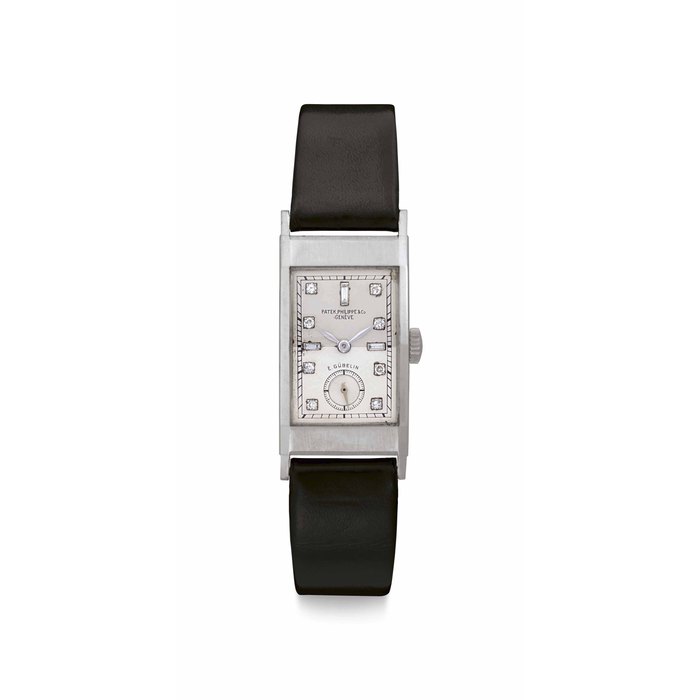 Patek Philippe. A Fine and Rare Platinum and Diamond-set Rectangular Curved Wristwatch Signed Patek Philippe & Co., Genève, Retailed by Gubelin, Ref. 425, Movement No. 830'608, Case No. 613'309, Manufactured in 1936