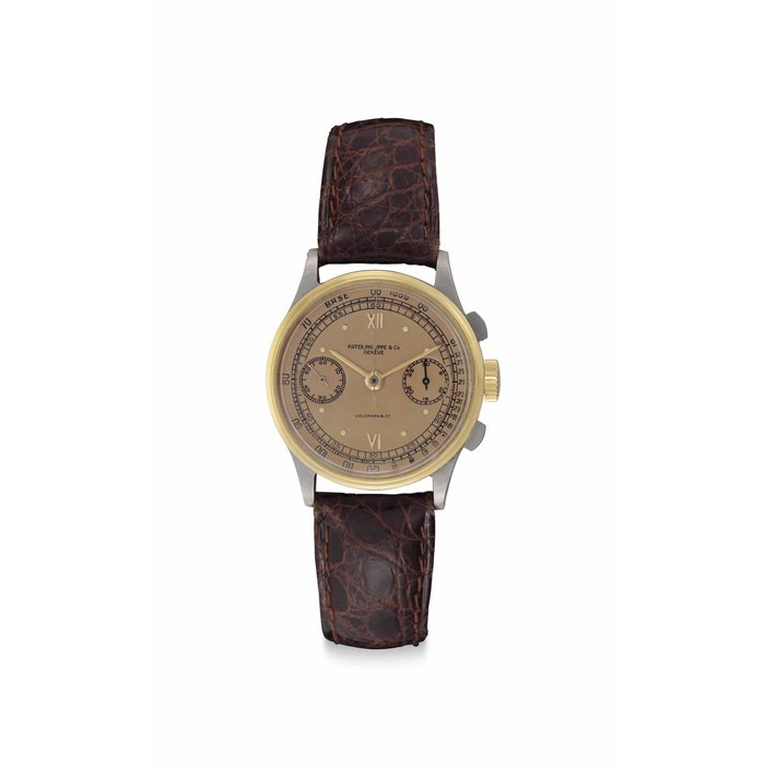 Patek Philippe. A Very Fine and Rare Stainless Steel and Pink Gold Chronograph Wristwatch with Pink Dial Signed Patek Philippe & Co., Genève, Retailed by Hausmann & Co., Ref. 130, Movement No. 863'036, Case No. 626'177, Manufactured in 1942