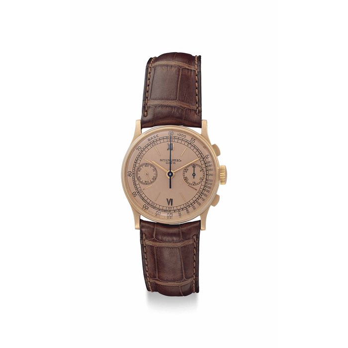Patek Philippe. A Very Fine and Rare 18k Pink Gold Chronograph Wristwatch with Pink Dial Signed Patek Philippe & Co, Genève, Ref. 130, Movement No. 863'208, Case No. 632'841, Manufactured in 1943