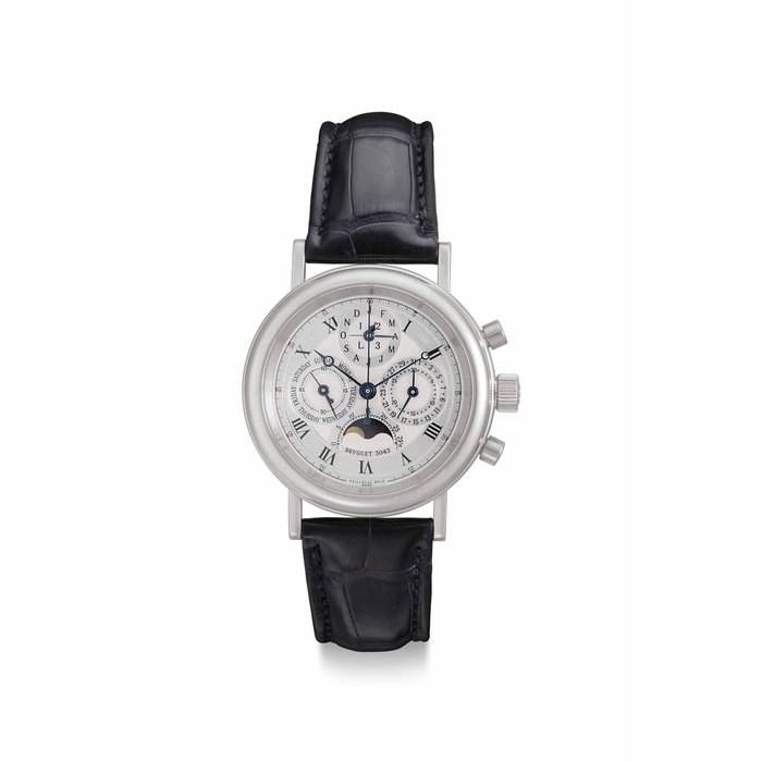Breguet. A Fine Platinum Perpetual Calendar Chronograph Wristwatch with Moonphases Signed Breguet, Ref. 3617, Movement No. 1363, Case No. 3043 G, Circa 1995