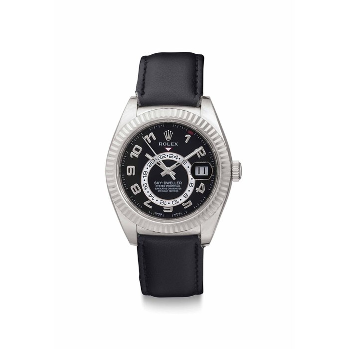 Rolex. A Fine 18K White Gold Automatic Dual Time Annual Calendar Wristwatch with Center Seconds Signed Rolex, Sky-Dweller, Oyster Perpetual, Ref. 326139, Case No. 069273N1, Circa 2015