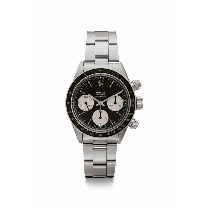 Rolex. A Fine and Rare Stainless Steel Chronograph Wristwatch with Bracelet and Black "Sigma" Dial Signed Rolex, Oyster Cosmograph, Ref. 6263, Case No. 3'559'068, Circa 1972