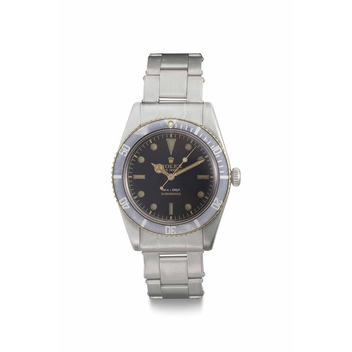 Rolex. A Fine and Rare Stainless Steel Automatic Diver's Wristwatch with Gilt Dial, Center Seconds and Bracelet Signed Rolex, Oyster Perpetual, 100m=330ft, Submariner, Ref. 5508, Case No. 489'089, Circa 1958
