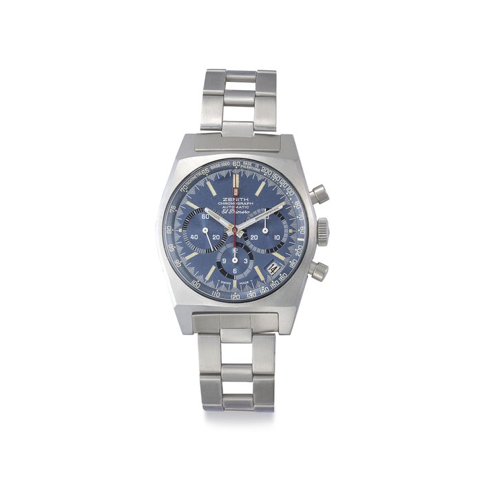 Zenith. A Rare Stainless Steel Tonneau-shaped Automatic Chronograph Wristwatch with Date, Pulsation Scale and Bracelet Signed Zenith, Chronograph, Automatic, El Primero, Ref. A3818, Case No. 233E045, Circa 1972