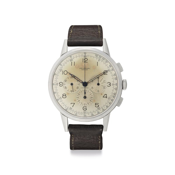 Universal. A Fine, Rare and Oversized Stainless Steel Chronograph Wristwatch Signed Universal, Genève, Comapx, Case No. 22430, Serial No. 1'193'758, Manufactured in 1945