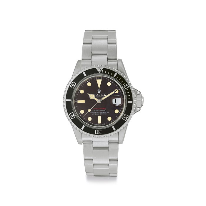 Rolex. A Fine Stainless Steel Automatic Wristwatch with Center Seconds, Date, Bracelet and "Tropical" Dial Signed Rolex, Oyster Perpetual Date, Submariner, 200m=660ft, Ref. 1680, Case No. 2'421'658, Circa 1970