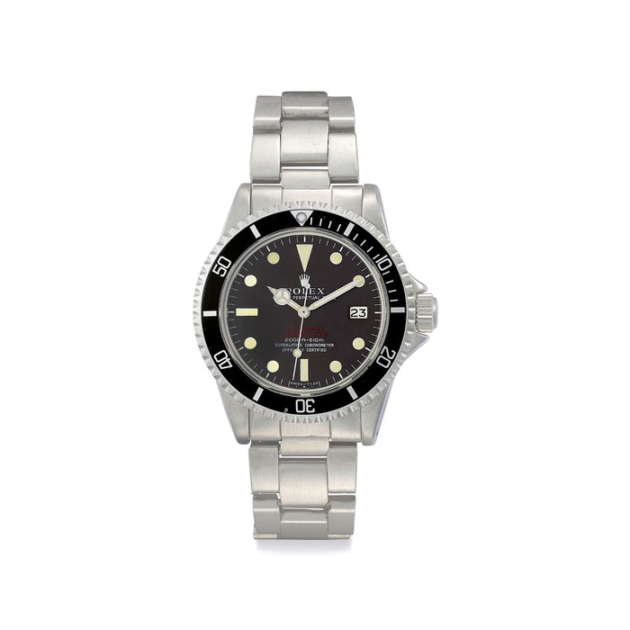 Rolex. A Stainless Steel Automatic Wristwatch Date, Center Seconds, Bracelet and "Tropical" Dial Signed Rolex, Oyster Perpetual Date, Sea-Dweller, Submariner 2000, 2000ft=610m, Superlative Chronometer, Officially Certified, Double-Red Model, Ref. 1665, Case No. 1'760'281, Circa 1967