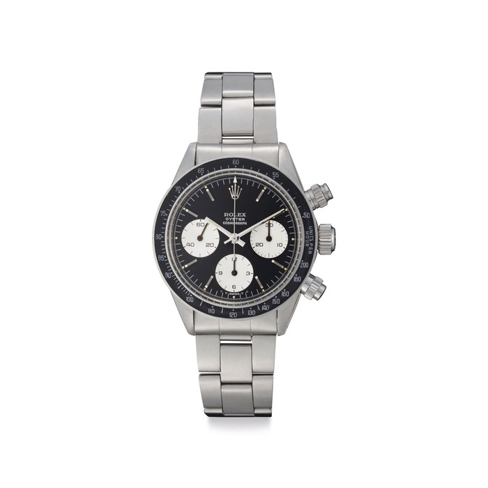 Rolex. A Stainless Steel Chronograph Wristwatch with Bracelet and Black "Sigma" Dial Signed Rolex, Oyster Cosmograph, Daytona Model, Ref. 6263, Case No. 3'655'366, Circa 1971