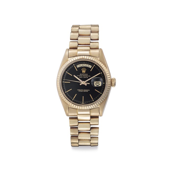 Rolex. A Fine 18k Pink Gold Automatic Wristwatch with Day, Date, Center Seconds, Black Dial and Bracelet Signed Rolex, Oyster Perpetual, Day-Date, Ref. 1803, Case No. 1'783'419, Circa 1968
