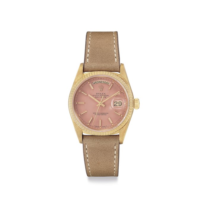 Rolex. A Very Fine 18k Gold Automatic Wristwatch with Day, Date, Center Seconds and Pink "Stella" Dial Signed Rolex, Oyster Perpetual, Day-Date, Ref. 18038, Case No. 9'318'328, Circa 1987