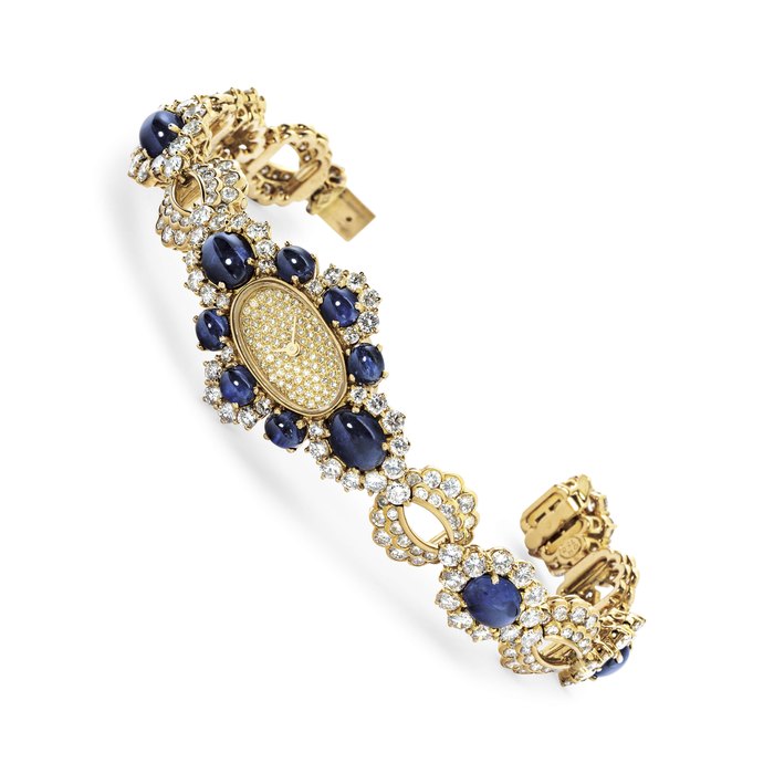 Rolex. A Very Fine and Rare Ladies 18k Gold, Diamond and Sapphire-set Bracelet Watch Signed Rolex, Cellini Model, Ref. 2471/8, Case No. 4'311'762, Circa 1980