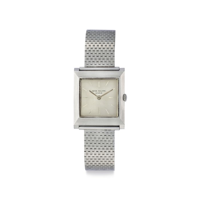 Patek Philippe. A Very Fine and Rare Platinum Rectangular-Shaped Wristwatch with Bracelet Signed Patek Philippe, Ref. 3404, Movement No. 785'168, Case No. 2'618'972, Manufactured in 1960